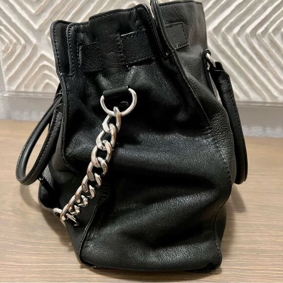 Michael Kors Black Hamilton Slouch Satchel Pebbled Soft Leather Silver Padlock - Picture 15 of 16